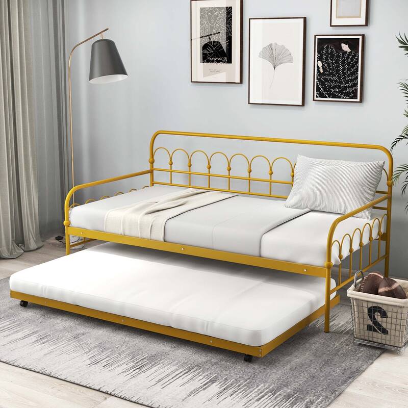 Twin Size Metal Daybed w/Trundle Sofa Bed Lockable Wheels