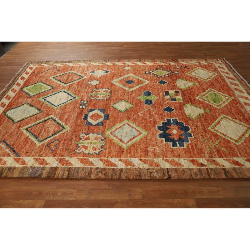 Moroccan Oriental Area Rug Handmade Orange Geometric Wool Carpet - 6'10" x 9'9"