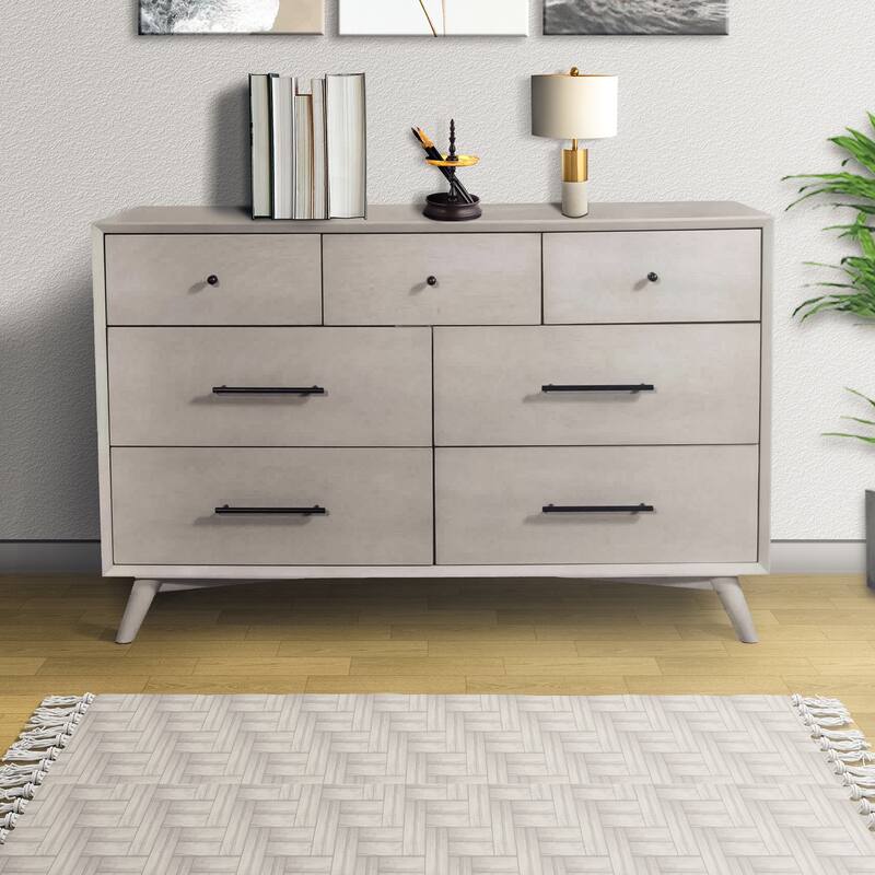 7 Drawer Mid Century Modern Wooden Dresser with Splayed Legs, Gray
