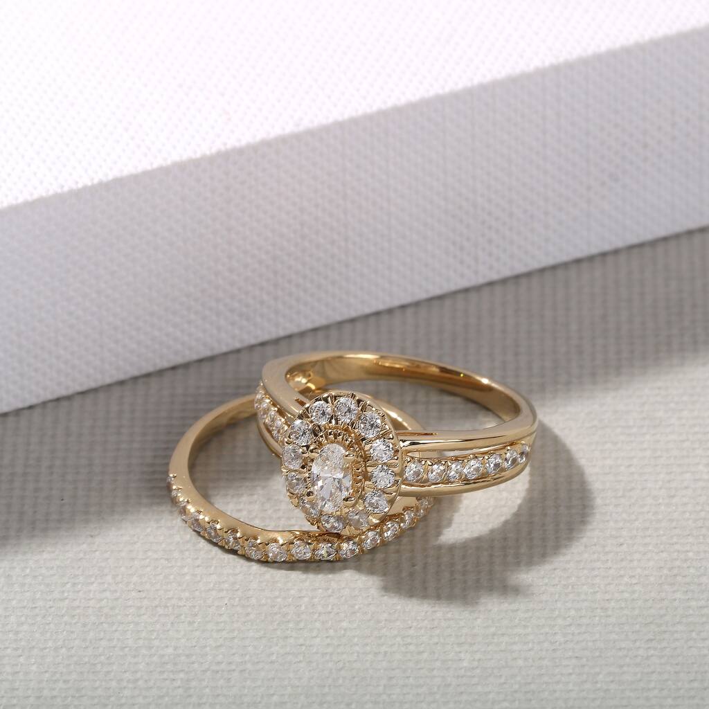 1ct TDW Oval Cut Diamond Halo Bridal Set in 14K Yellow Gold for Women