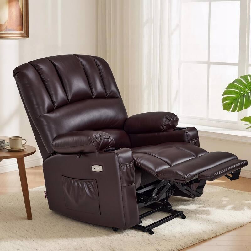 Power Lift Recliner Chair for Elderly, Massage and Heat, Faux Leather & Fabric - Faux Leather-Brown