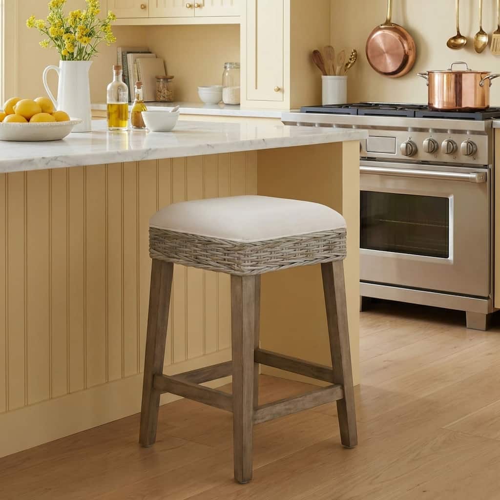 Durham Backless Mahogany Wood and Rattan Counter Stool (Set of 2) by East at Main