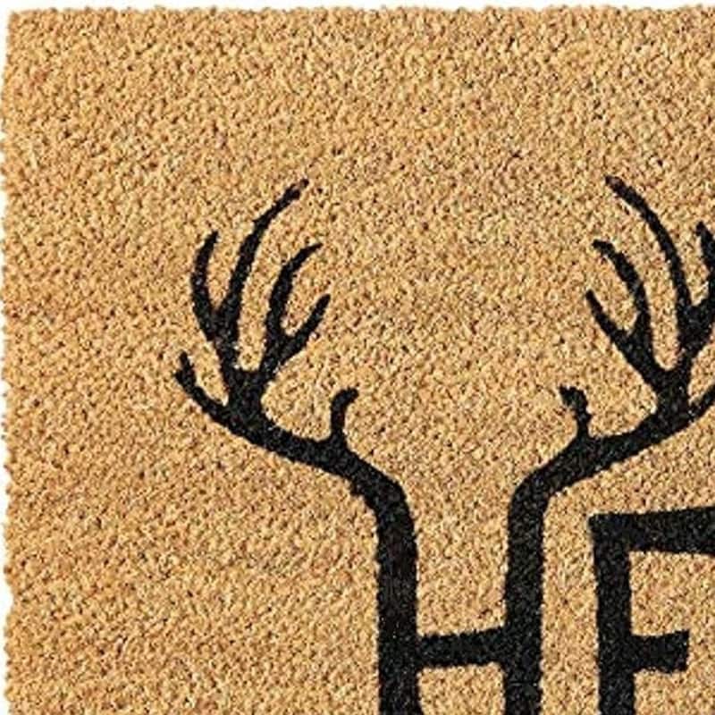 HomeRoots 17" X 29" Natural And Black Hello With Antlers Coir Outdoor Door Mat - 17' X '29