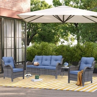 4 Piece Outdoor High Back Wicker Patio Conversation Furniture Sets