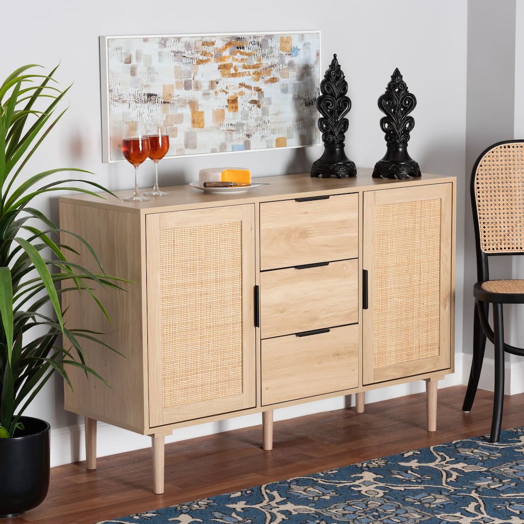 Harrison Mid-Century Modern Natural Brown Finished Wood and Natural Rattan 3-Drawer Sideboard