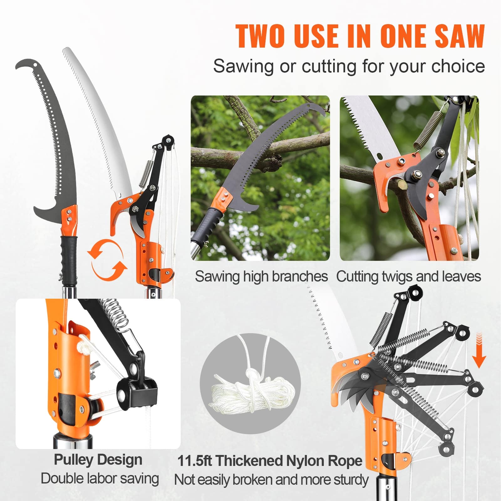 VEVOR Manual Tree Pruner Pole Saw Extendable 7.3 to 27 ft Fiberglass