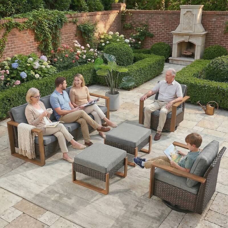 Gymojoy 7 Pieces Patio Sofa with Rattan Swivel Rocking Chair Ottomans Outdoor Conversation Set