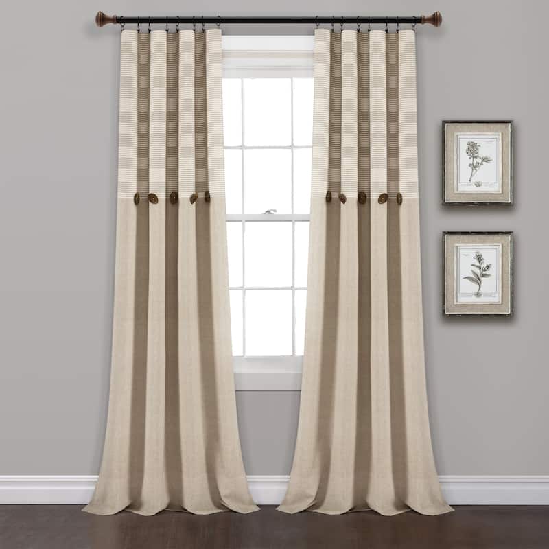 Lush Decor Farmhouse Button Stripe Yarn Dyed Woven Cotton Window Curtain Panel Pair - 95 Inches - Linen