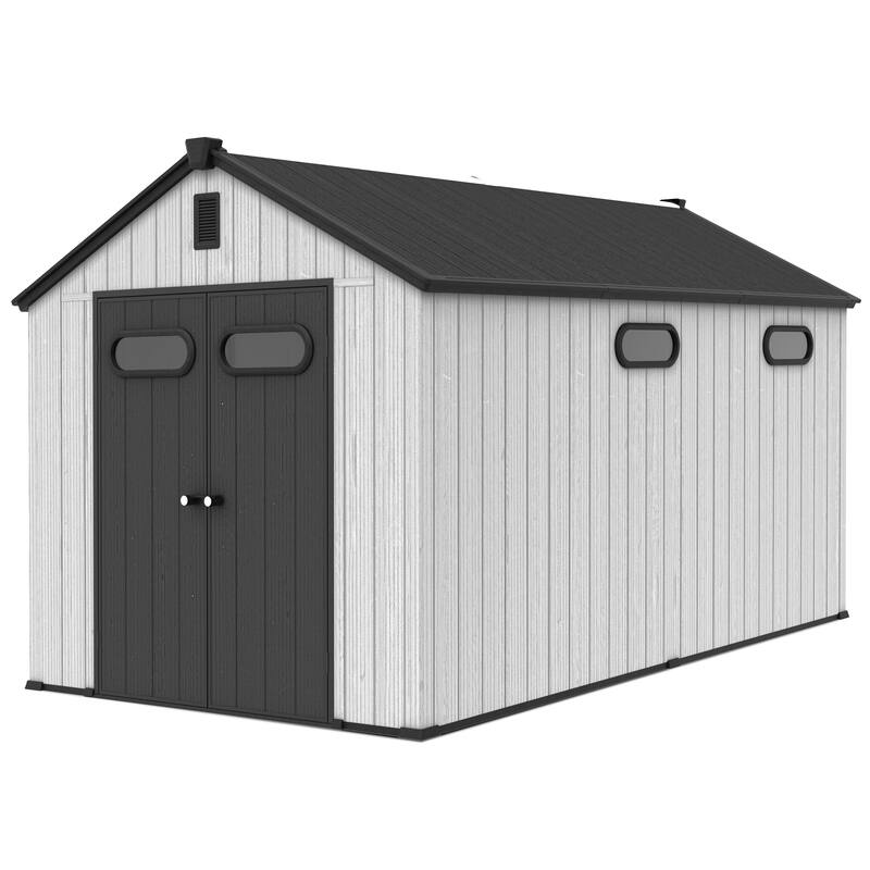 8X12 FT All-Weather Waterproof Plastc Outdoor Resin Storage Shed Windows Lockable Door with Floor for Patio Furniture and Tools - LightGrey - 8X12FT