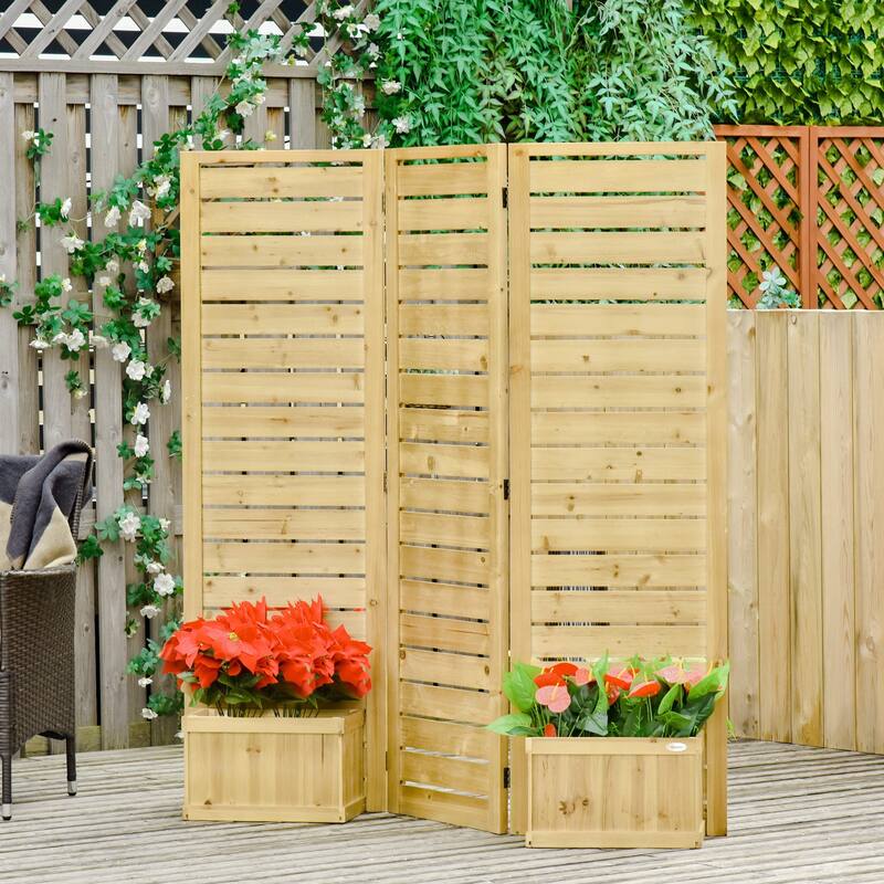 Outsunny Wood Privacy Screen with 4 Planter Box, Flower Pot Vegetable Raised Bed w/ 3 Panels and Drainage Holes for Patio - 62.5" x 19" x 66" - Nature