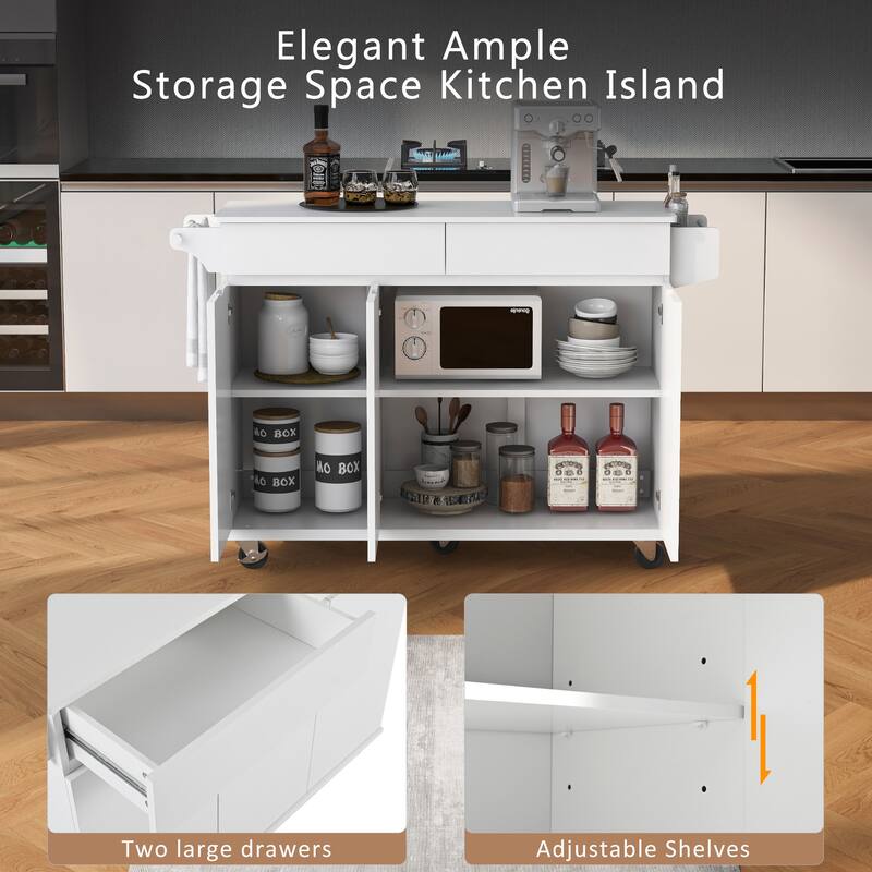 Rolling Kitchen Island Cart on Wheels with Adjustable Shelves, 2 Drawers, and Spice Rack