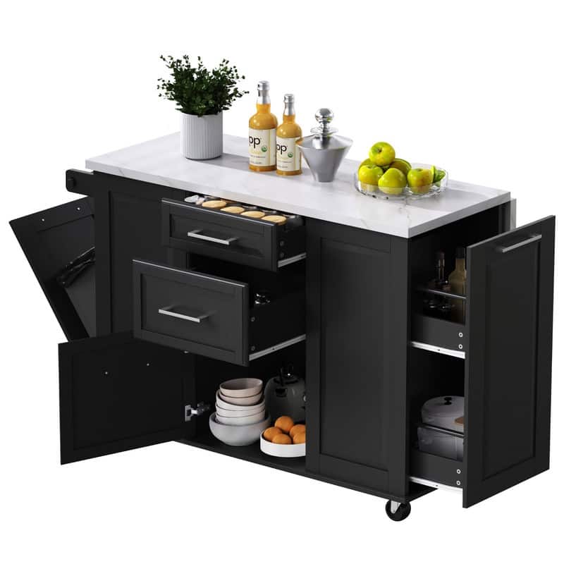 Rolling Kitchen Island with Tilt Trash Can Cabinet and Pull Out Cabinet Organizer, Drop Leaf, 2 Drawers