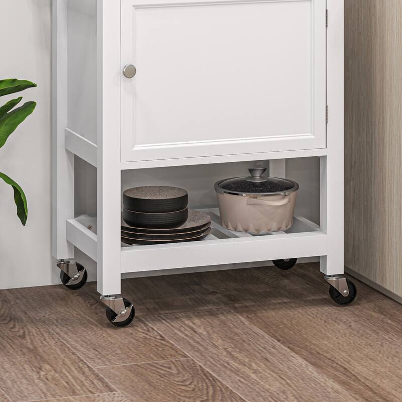 White and Oak Kitchen Cart Cabinet with Drawer and Wine Towel Rack and Rolling Wheels - 25" W x 15.75" D x 35.5" H