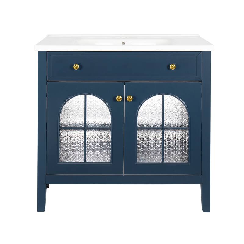 35.6-Inch Mid-Century Bathroom Vanity Sink with Patterned Glass & Motion-Sensor Light, Farmhouse Storage Vanity