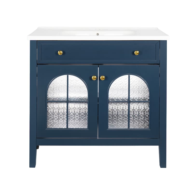 Modern Single Sink Bathroom Vanity Cabinet with Motion-sensor Light Strip & Patterned Glass, Ceramic Integrated Basin