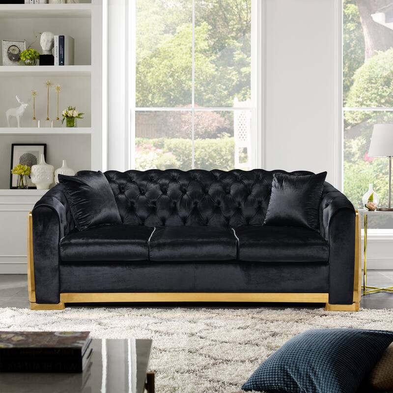 High-End European Design Velvet Chesterfield Sofa with Gold Stainless Steel Legs - 3-Seat Couch