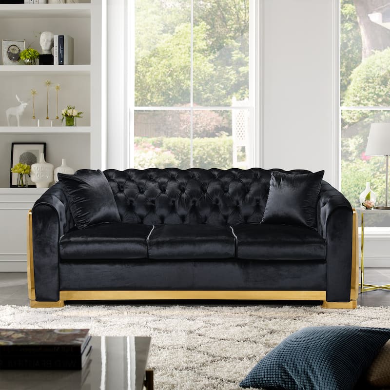 Velvet Luxury Chesterfield Sofa Set, 84 Inches Tufted 3 Seat Couch with Gold Stainless for Living Room, Beige Fabric - N/A