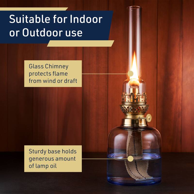 Kings County Tools Glass Oil Lamp - 15.5-inch Tall Decorative Lantern, Blue