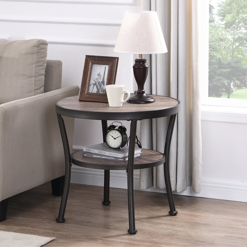 Myhozm Rustic Round End Table with Storage, Industrial Side Table for Living Room