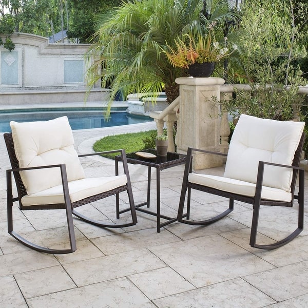 SUNCROWN 3-Piece Patio Rocking Brown Wicker Bistro Set - Beige