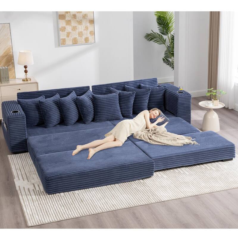110.75" Corduroy Sectional Sofa, Convertible Sleeper Sofa Bed L-Shaped Upholstered Couch with Removable Footstool, Cup Holder