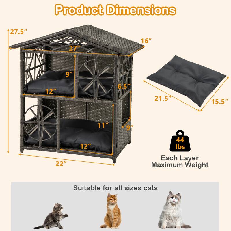 Grey 2-Tier Rattan Cat House with Cushions Outdoor Elevated Pet Shelter for Small to Large Cats - 27" x 16" x 27.5"