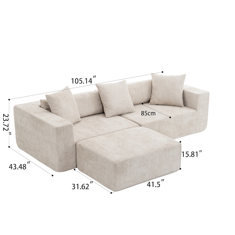 Modular Lounge Couch L-shaped Sectional Sofa with Chaise, Cotton & Linen Fabric Deep Seat Loveseat with Ottoman and Pillows