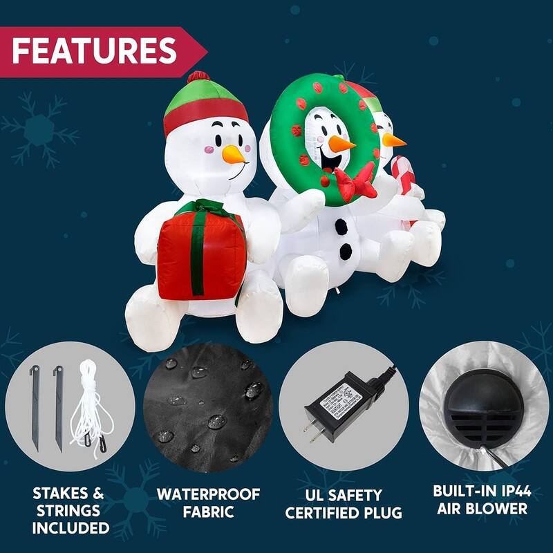 6 FT Long Christmas Inflatable Snowmen Outdoor Decoration, Three Sitting Snowmans with Build-in LEDs Blow Up Inflatables - White