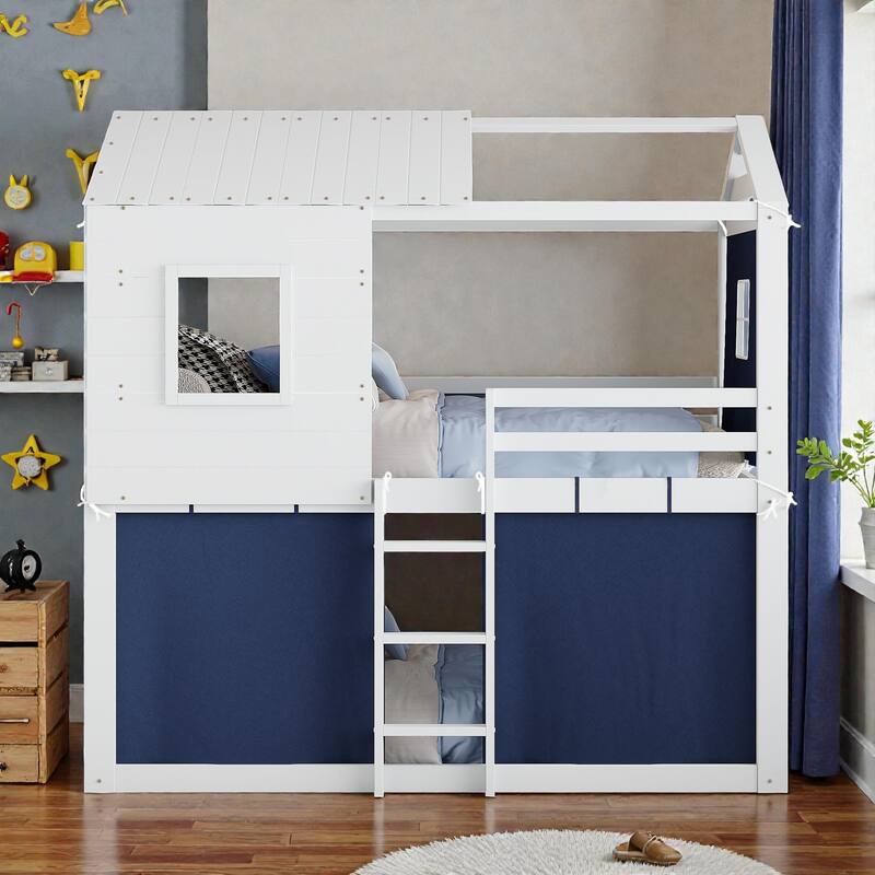 Twin/Full Wood House Bunk Bed with Tent, Playhouse Design, Windows & Roof, Solid Wood Frame, No Box Spring Required - Blue White - Twin