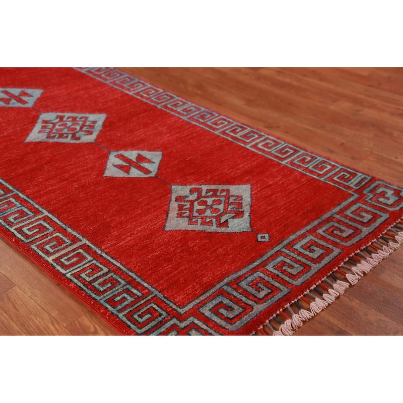 Red Geometric Kazak Oriental Runner Rug Hand-Knotted Wool Carpet - 2'7" x 14'10"