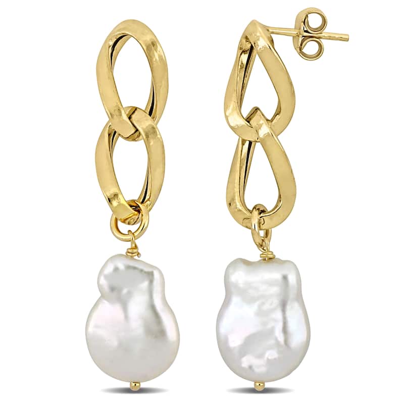 Miadora 12-13mm Cultured Freshwater Keshi Pearl Double Link Earrings Yellow Silver
