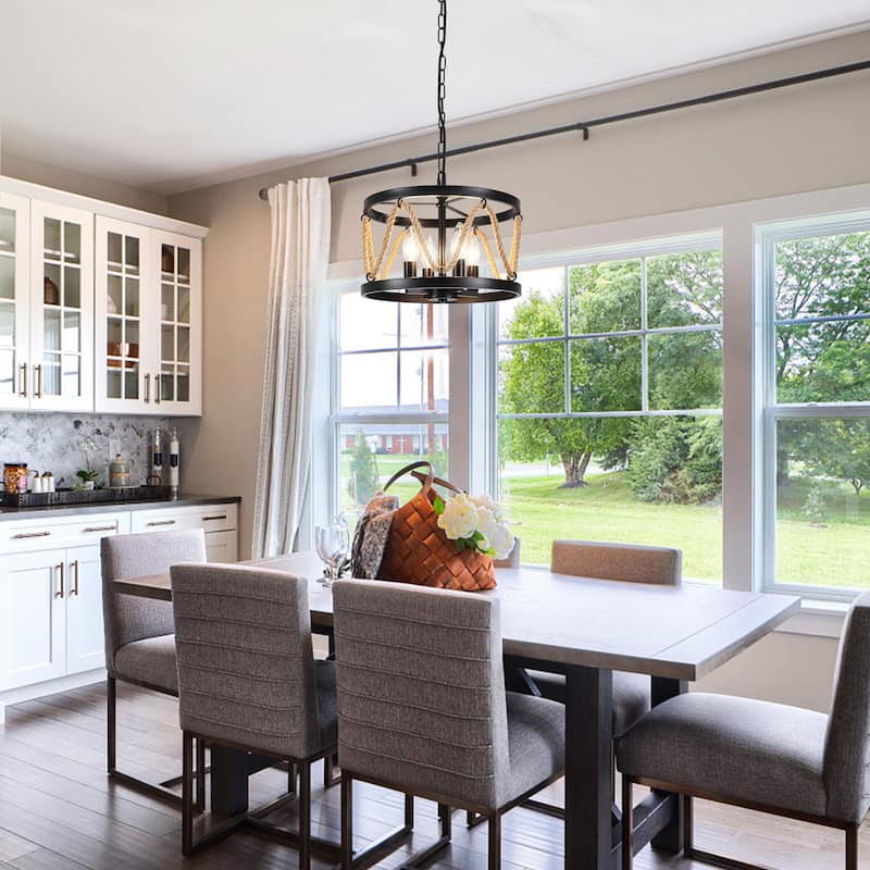 4-Light Drum-shaped Chandelier with Hemp Rope for Kitchen Living Room