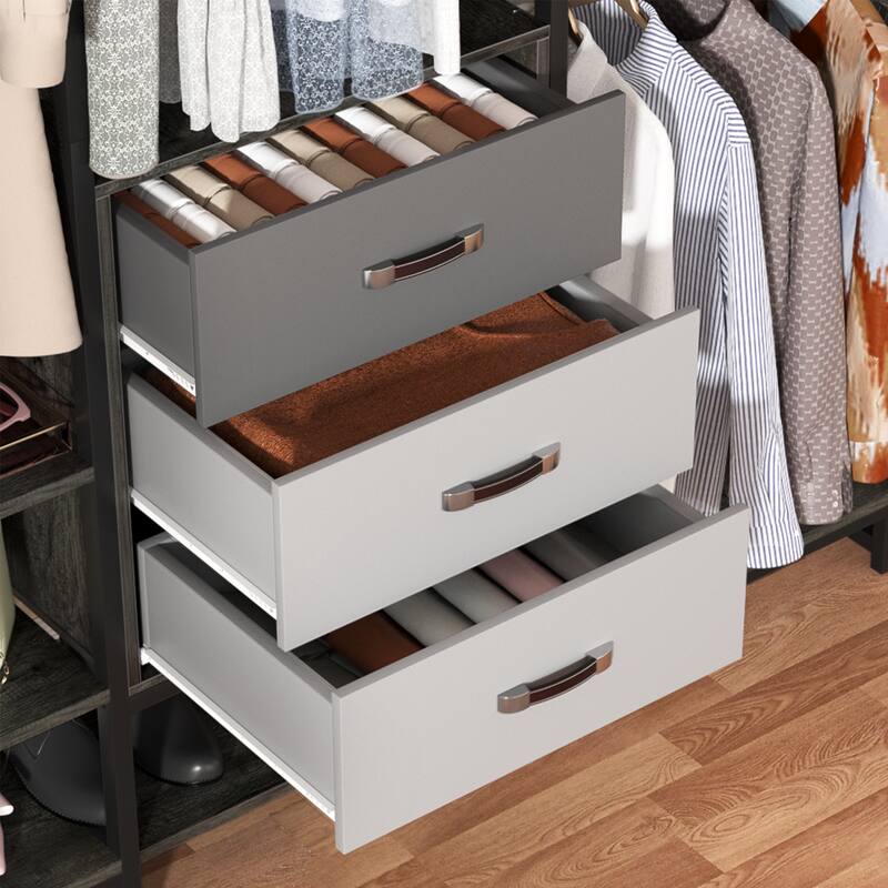 Rackcog 74-148'' W Closet System with 3 Wood Drawers and 11-Tier Storage Shelves,Multifunctional Walk-in Closet Organizer