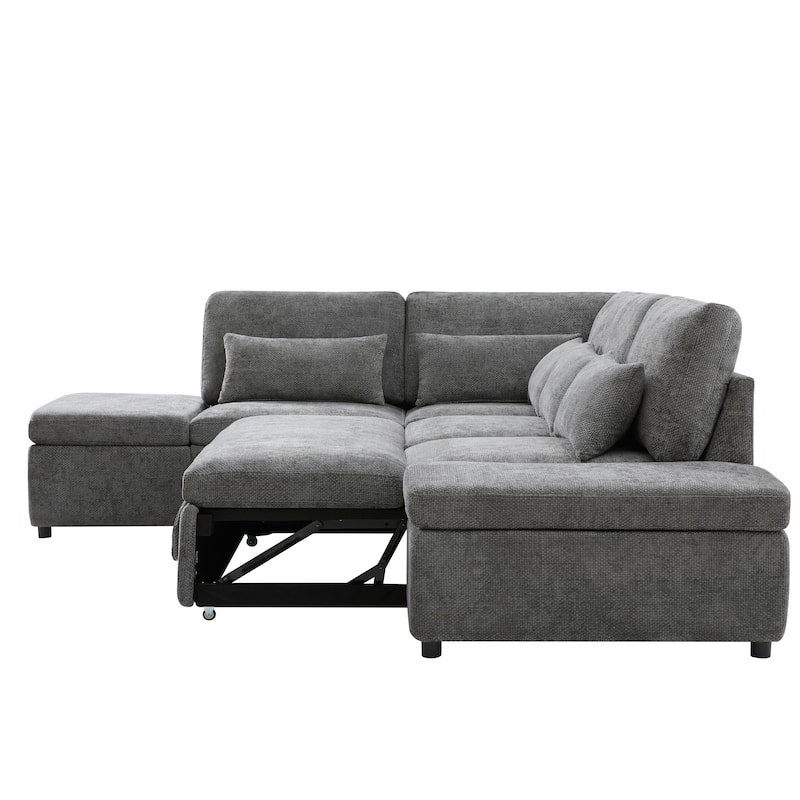 L Shape Modular Sectional Pull-Out Sofa with Storage Ottoman, USB Port & Adjustable Armrests, Oversized Chenille Cloud Sofa