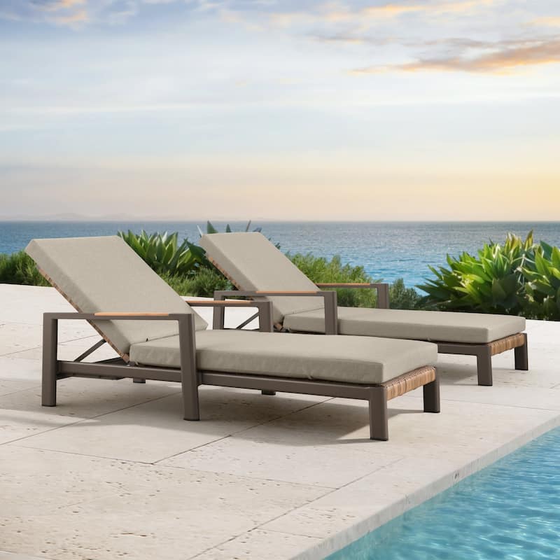 Arlo Teak & Wicker Aluminum Dual-Use Outdoor Chaise Lounge (Set of 2) - Bronze-Khaki