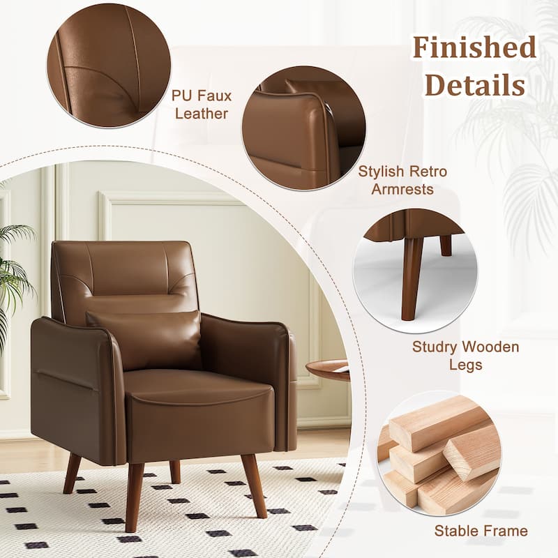 Button Tufted Faux Leather Accent Chair Armchair with Solid Sagwan Wooden Frame