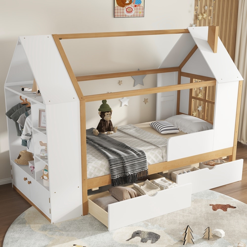 House Platform Bed with Drawers, Solid Wood House Bed with Shelves