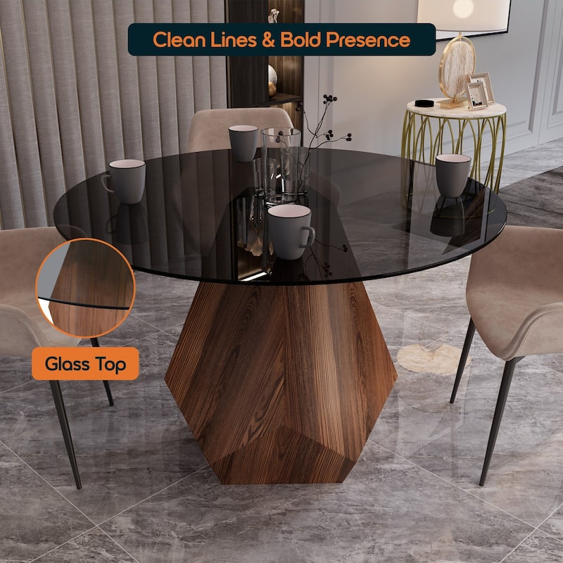 Nebo Round 47" Tempered Glass or Sintered Stone Top Dining Table with Geometric Design Ashwood Pedestal Base Kitchen Table