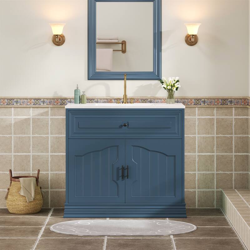 GDFStudio - Carriden Modern Bathroom Vanity with Ceramic Sink and 2 Large Soft-Closing Doors - 36.06'W - Blue