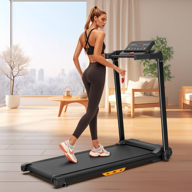 2.5HP Quiet Walking Mat Treadmills Portable with LED Display, Compact Walking Jogging Treadmills, 265 LB Capacity - Black