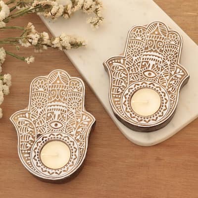 Novica Handmade Illuminated Hamsa Wood Tealight Candle Holders (Pair)
