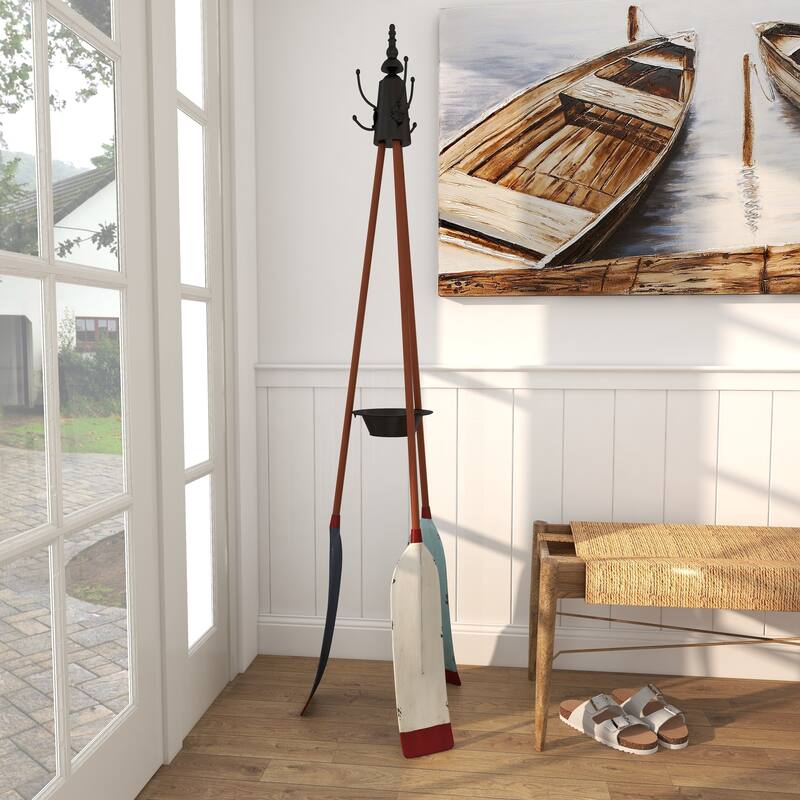 Metal Paddle Oar 3 Hook Coat Rack with Wooden Poles and Storage Tray - Blue - Roche River Decor