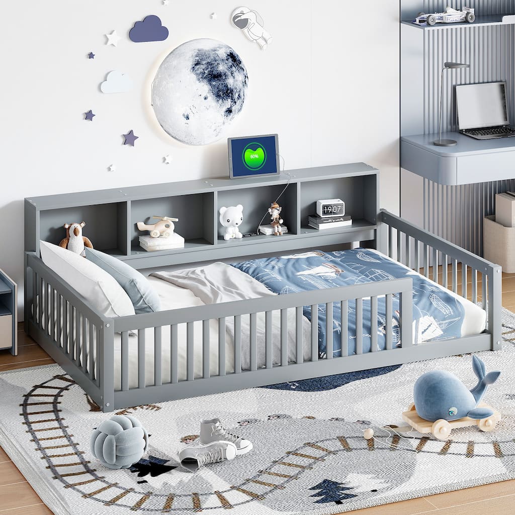 Twin XL Floor Bed with Storage Cabinets and USB Ports, Gray