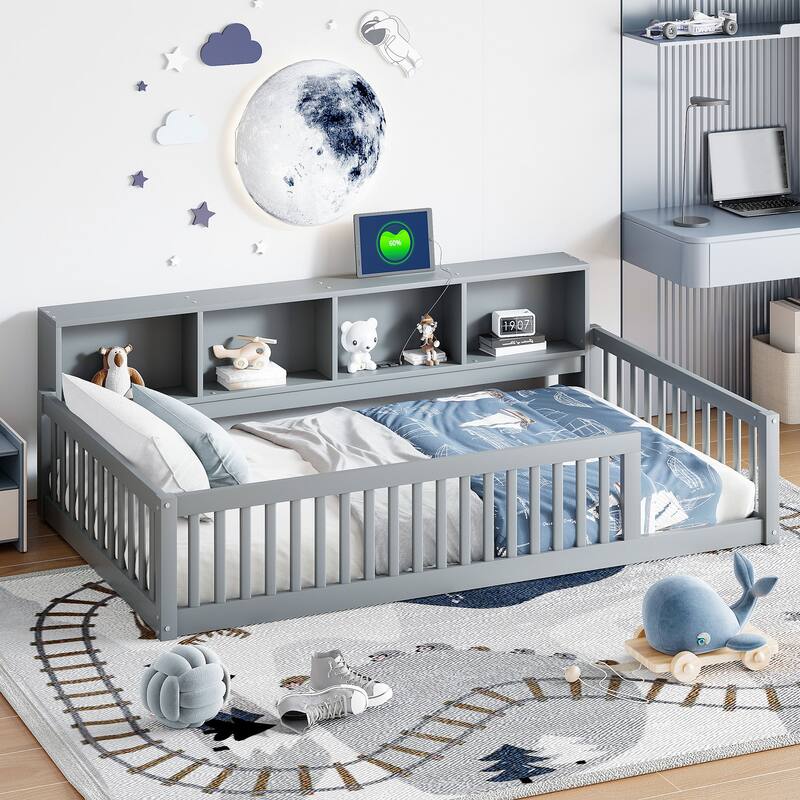 Twin XL Wood Floor Bed with Built-in Storage and Charging Ports - Gray