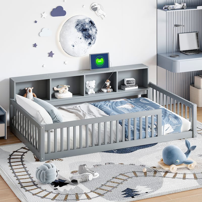 Wood Twin Xl Size Floor Bed With Storage Cabinets And Usb Ports - Gray