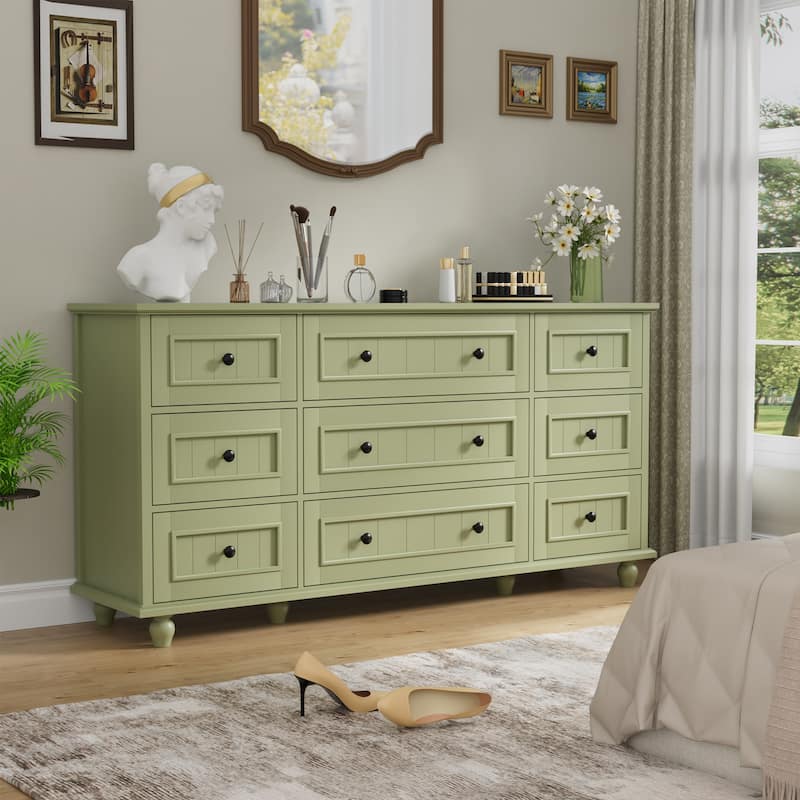 Vintage 9-Drawer Dresser Retro Storage Cabinet with Solid Legs - Green