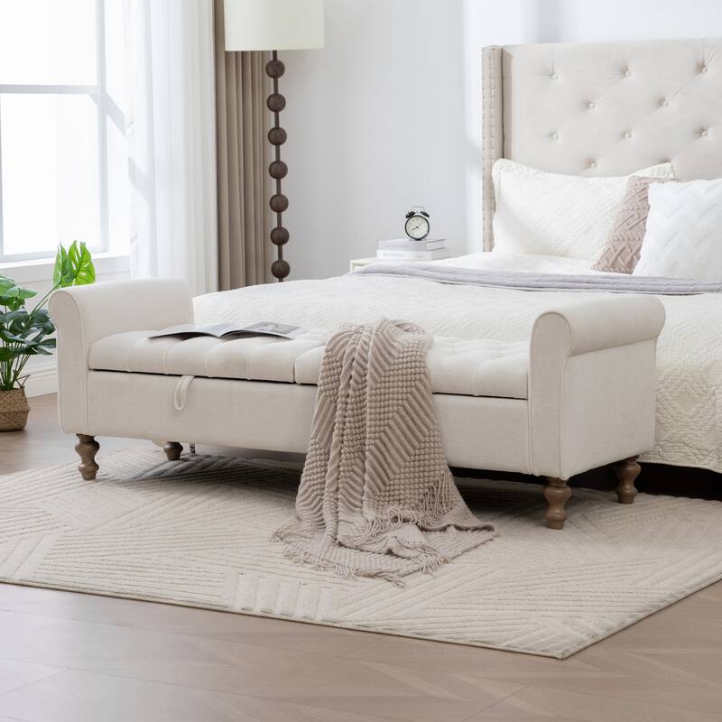 65.7"W Tufted Upholstered Storage Bench With Double Lids,Rubberwood Legs