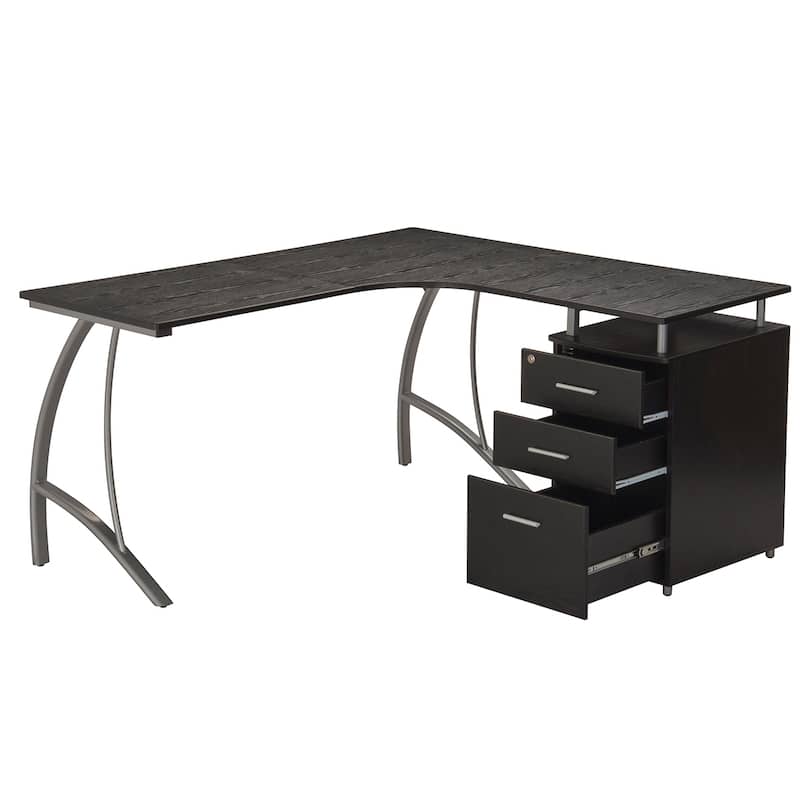Contemporary L-Shaped Desk with Built-in Storage Cabinet, File Drawer, and Scratch-Resistant Steel Legs