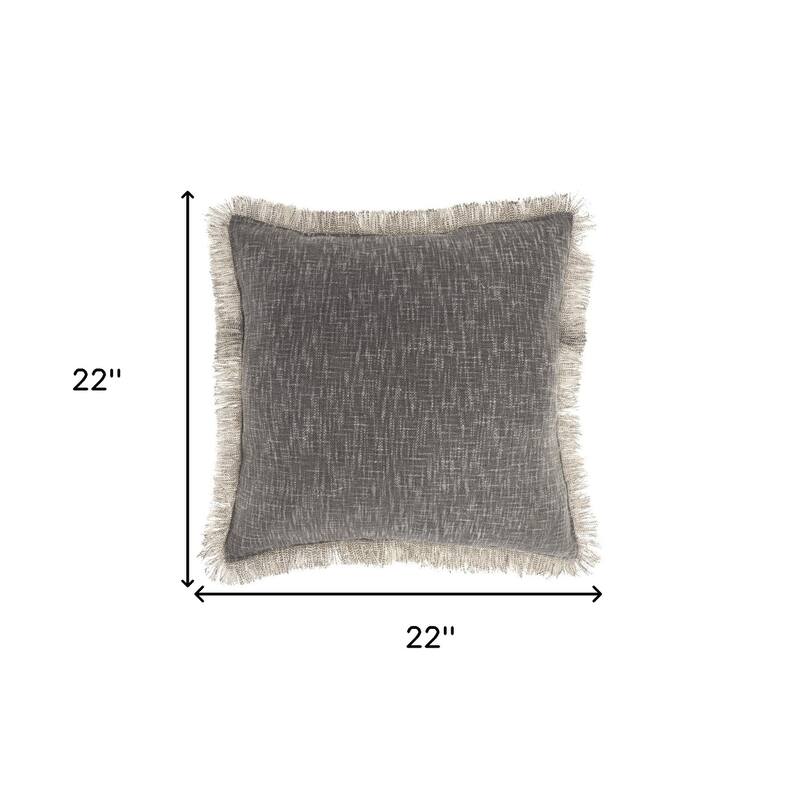 22" Charcoal Cotton Throw Pillow With Fringe