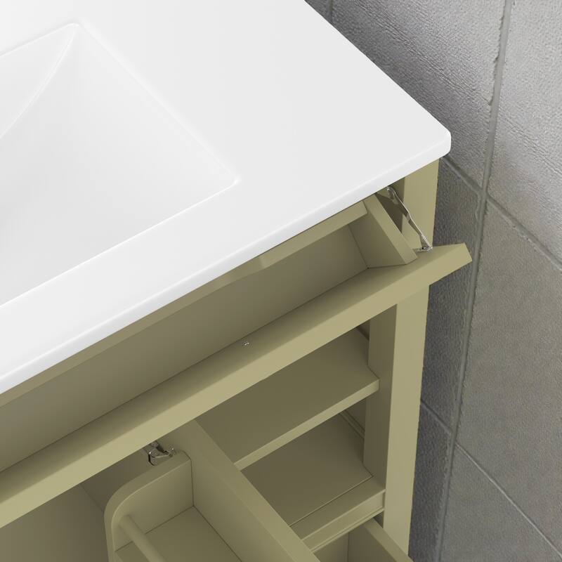 36" Bathroom Vanity with Sink, Solid Wood & MDF Cabinet with Door, Drawer and Open Storage Shelves